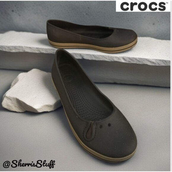 CROCS Shoes - Ladies Crocs Flat Ballerina Crocband Slip-On Casual Flats Brown Size 6